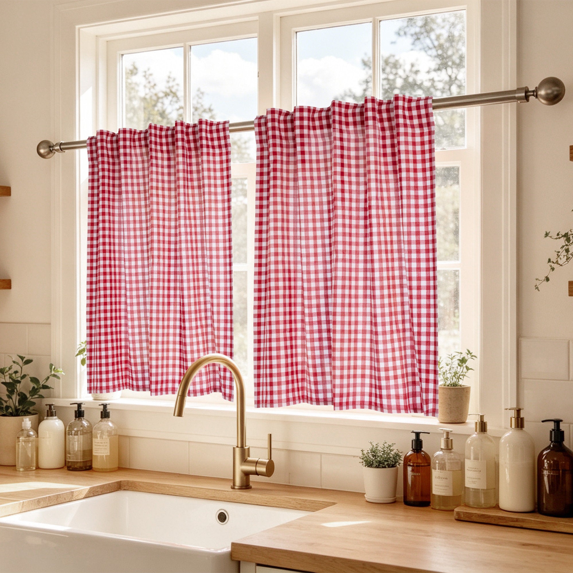 100% Cotton Checkered Plaid Cafe Curtains for Kitchen Windows