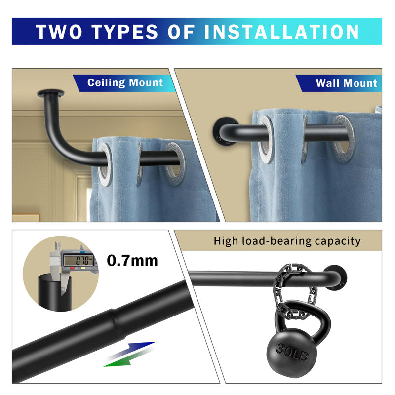 Adjustable Steel Curtain Rod - Matte Black Wraparound Design