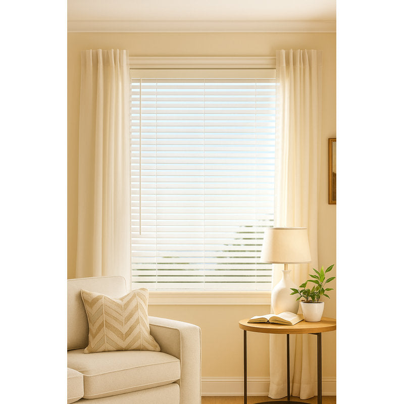 Cordless Faux Wood Blinds - 2-Inch White Slats for Home Privacy