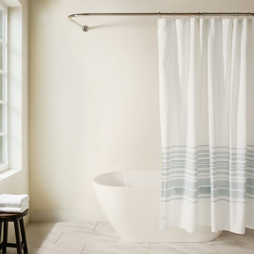 Blue Striped Cotton Blend Shower Curtain - Yarn-Dyed Bathroom Decor