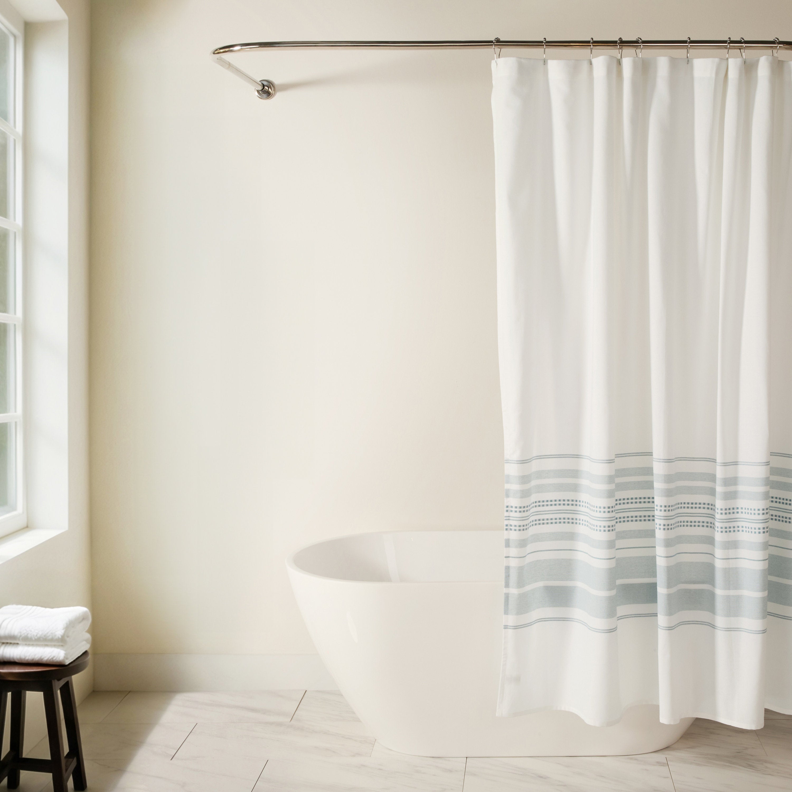 Blue Striped Cotton Blend Shower Curtain - Yarn-Dyed Bathroom Decor