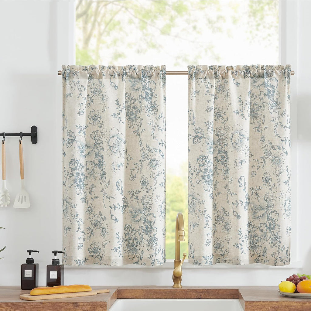 Linen Blend Floral Cafe Curtains - Farmhouse Tier Set for Kitchen
