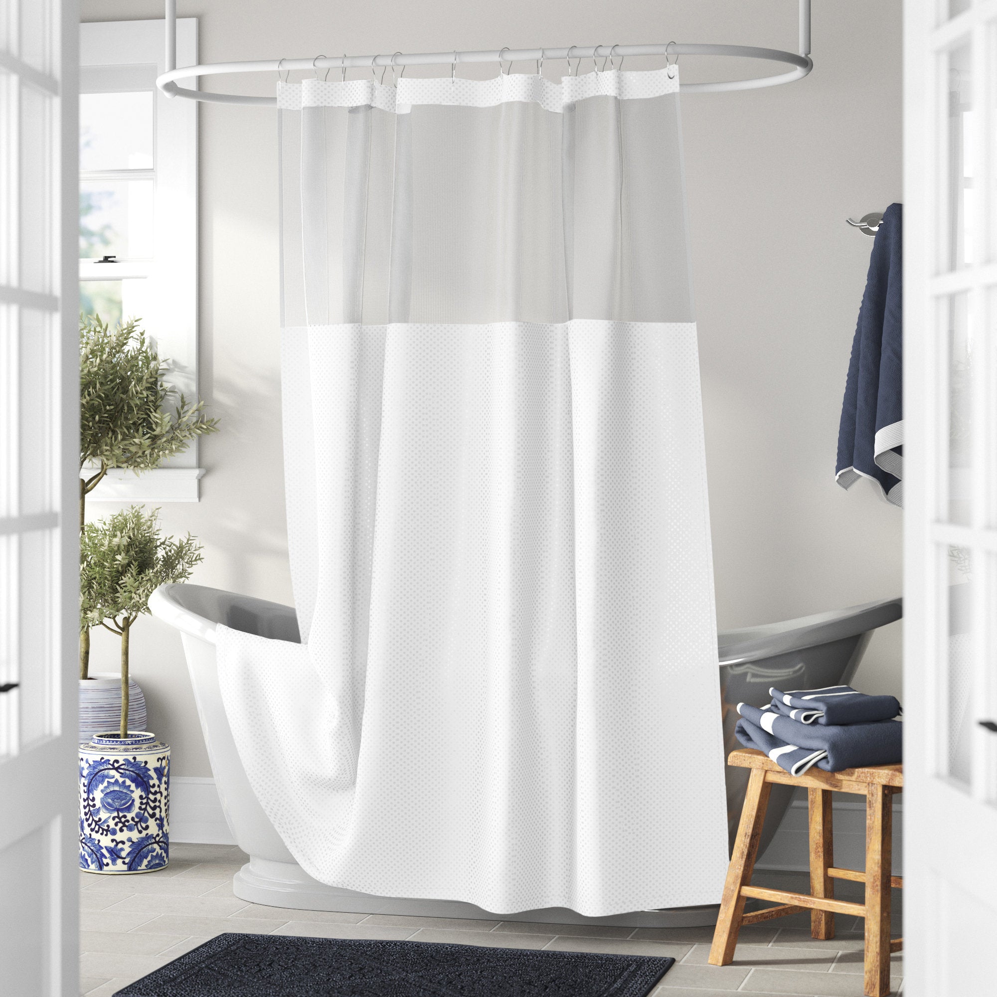 Waffle Weave Shower Curtain with Mesh Window and Liner Set