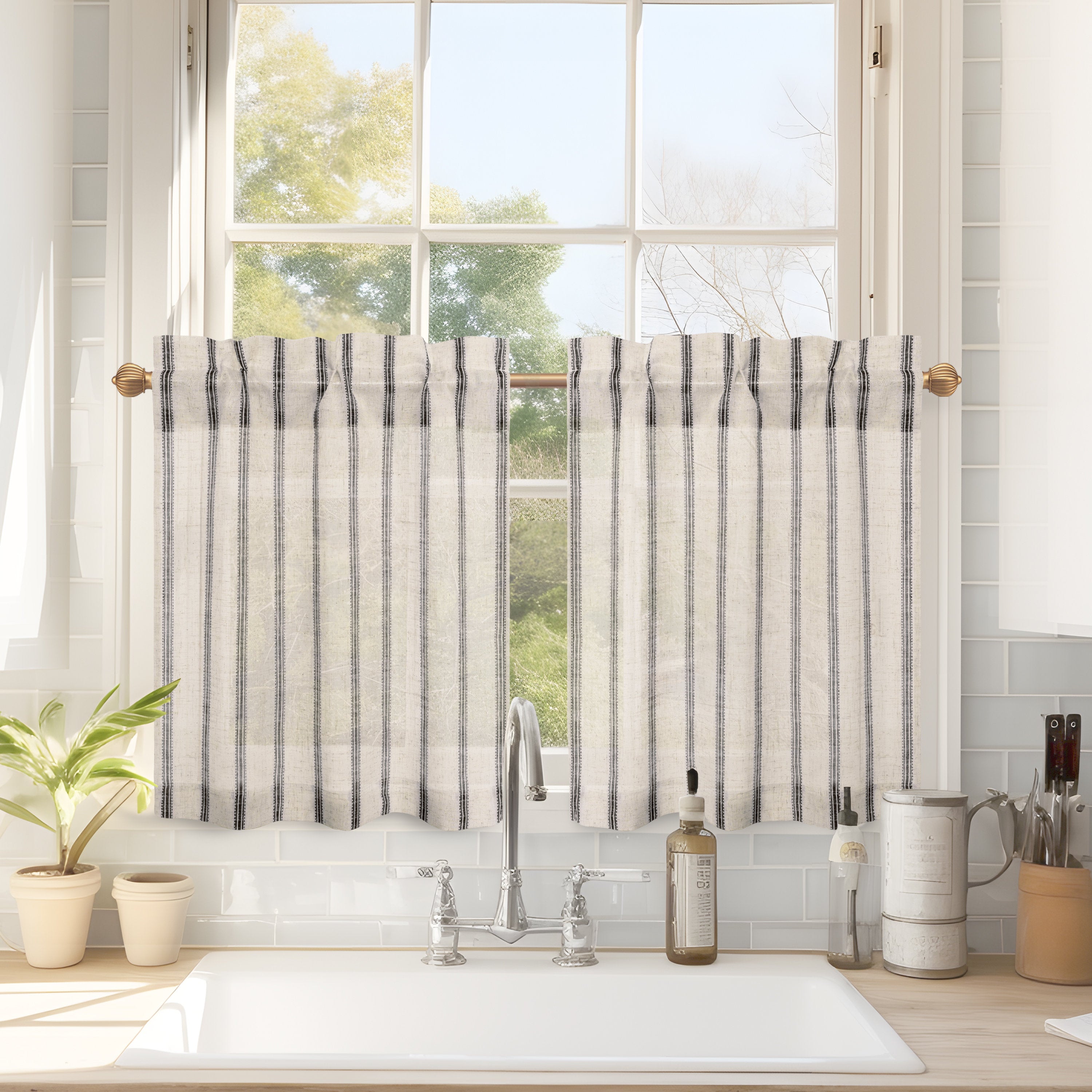 Farmhouse Striped Linen Kitchen Tier Curtains - Set of 2 Cafe Style