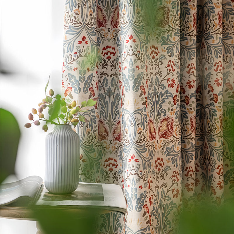 Cotton Blend Floral Room Darkening Curtains - Pinch Pleat Set of 2