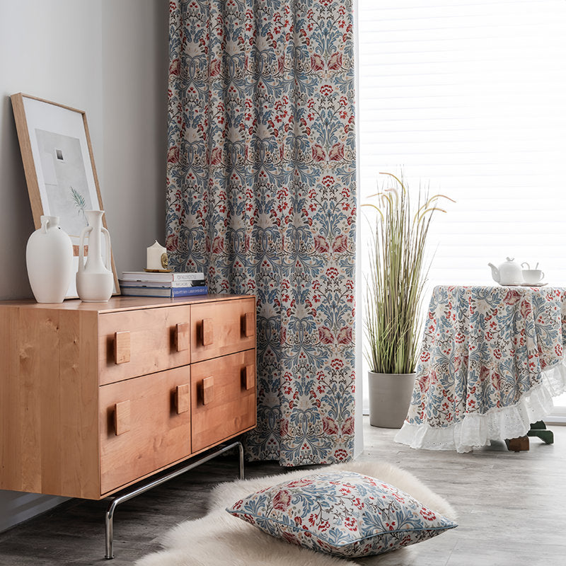 Cotton Blend Floral Room Darkening Curtains - Pinch Pleat Set of 2