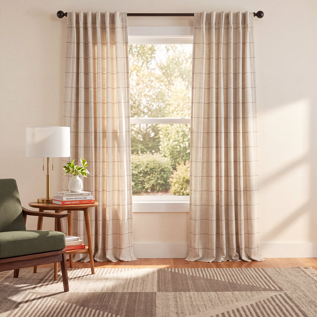 Laurene Blackout Curtain - Windowpane Plaid Linen Blend for Bedroom