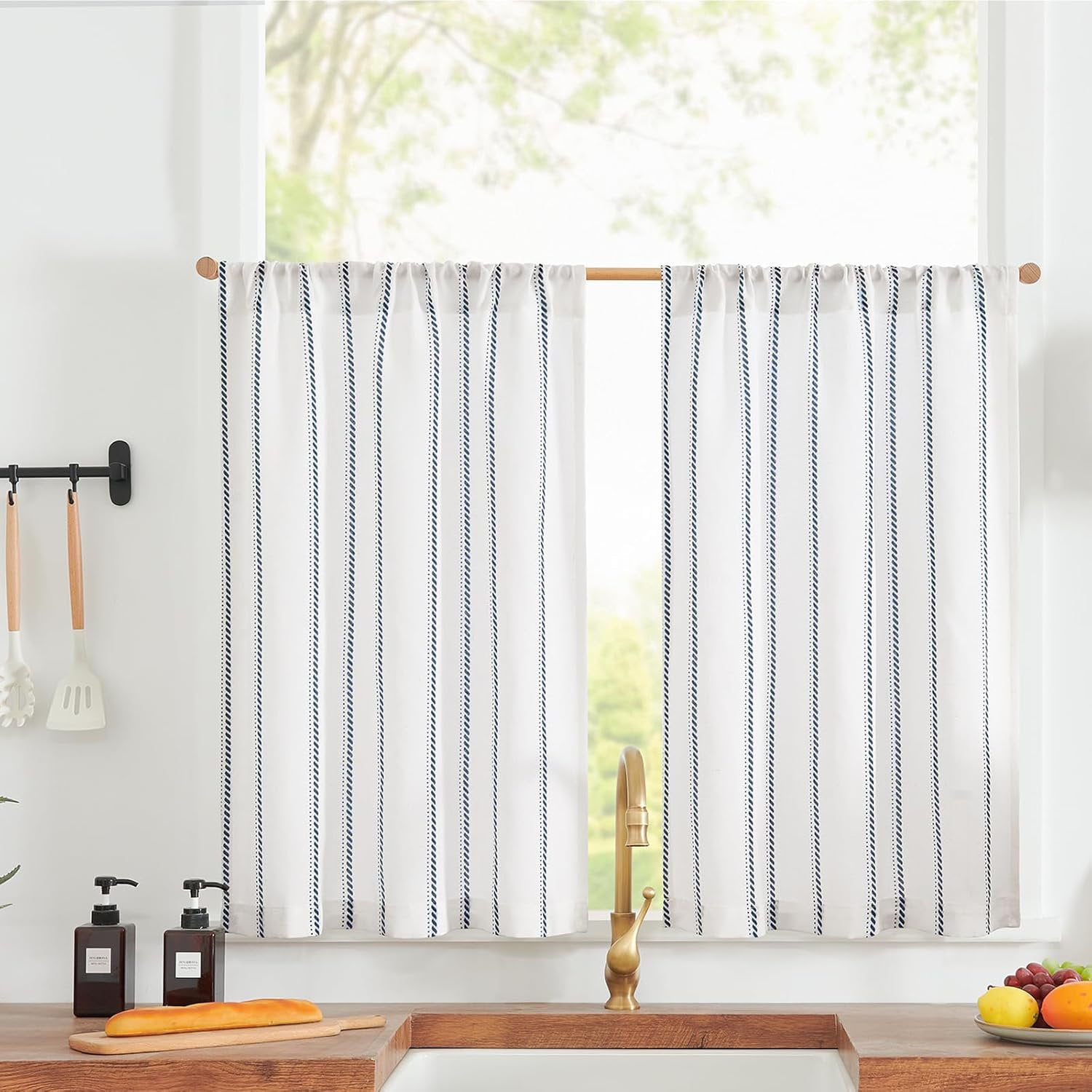 Striped Linen Tier Curtains - Farmhouse Rod Pocket Kitchen Cafe Set