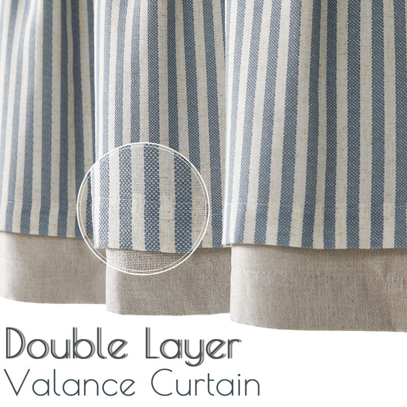 Linen Striped Window Valance - Farmhouse Double Layered Kitchen Curtain