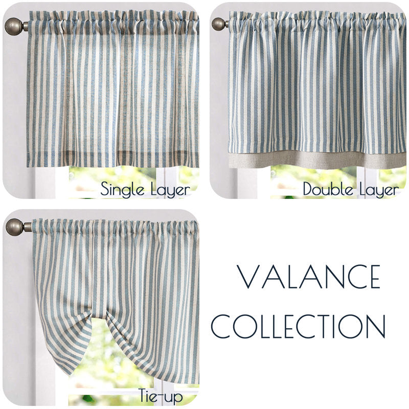 Linen Striped Window Valance - Farmhouse Double Layered Kitchen Curtain