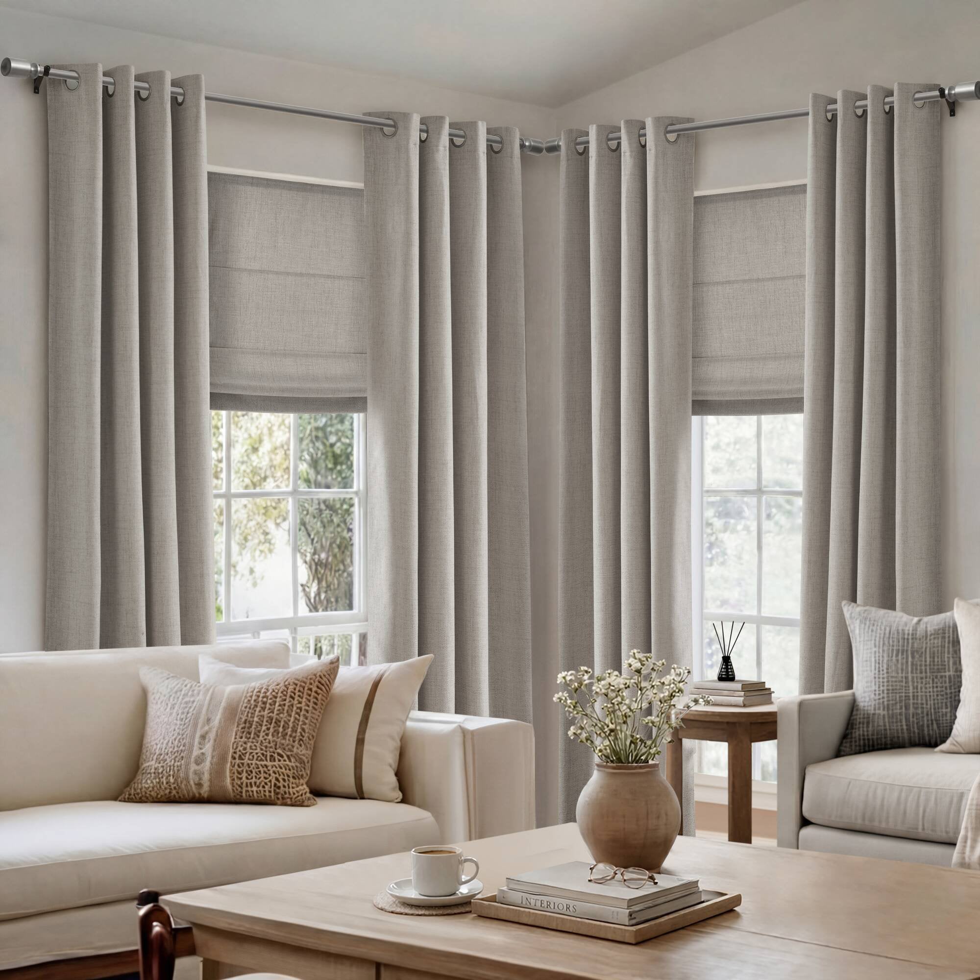 Cordless Roman Shade - Linen Textured Room Darkening Window Treatment