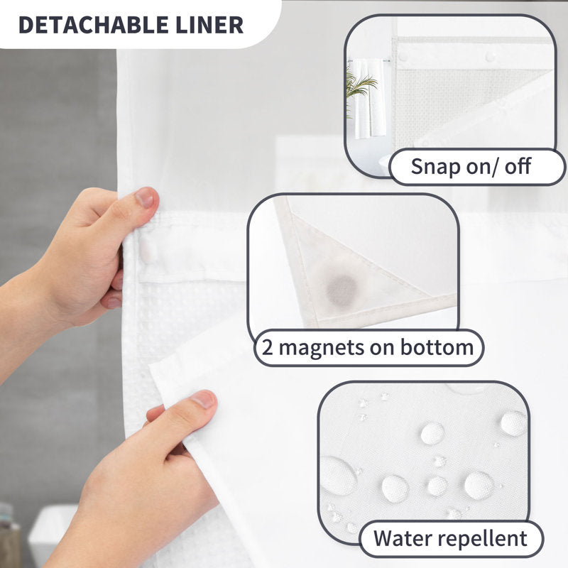 Waffle Weave Shower Curtain with Snap-in Liner & Sheer Window