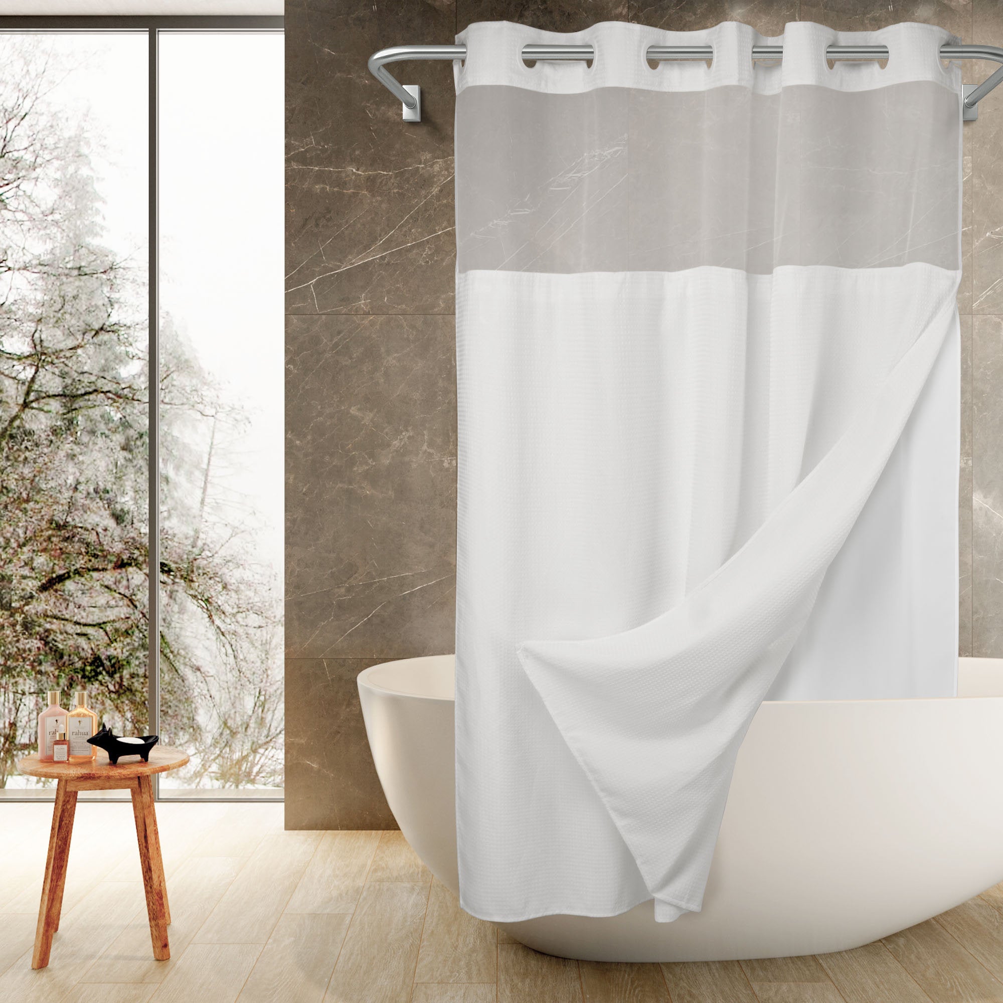 Waffle Weave Shower Curtain with Snap-in Liner & Sheer Window