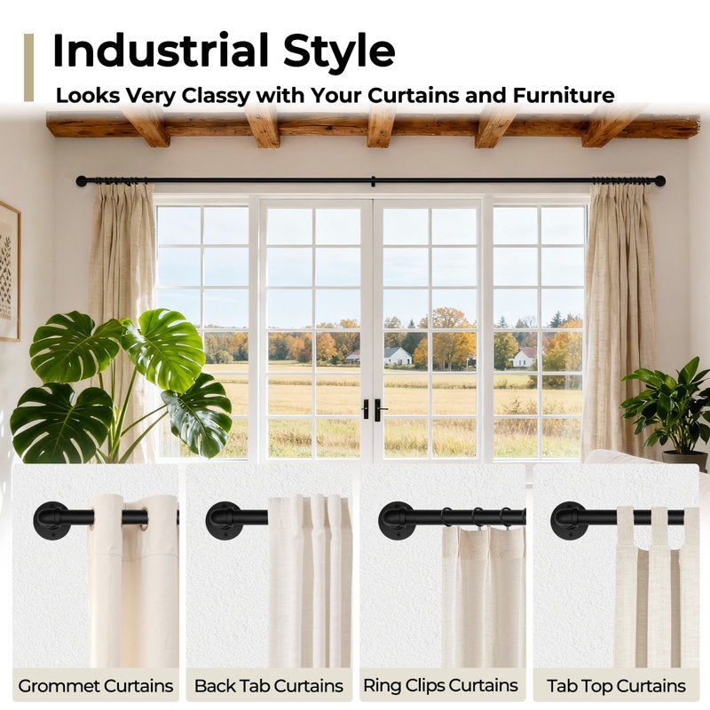 1" Industrial Pipe Curtain Rod - Matte Black Steel Indoor/Outdoor