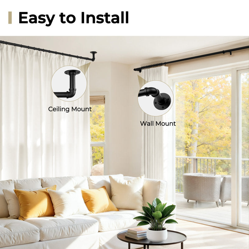 1" Industrial Pipe Curtain Rod - Matte Black Steel Indoor/Outdoor