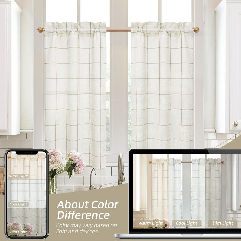 Windowpane Plaid Linen Kitchen Curtains - Set of 2 Cafe Tiers