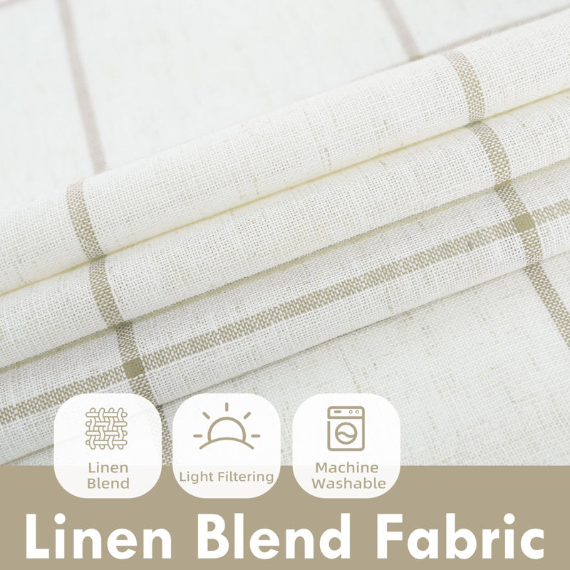Windowpane Plaid Linen Kitchen Curtains - Set of 2 Cafe Tiers