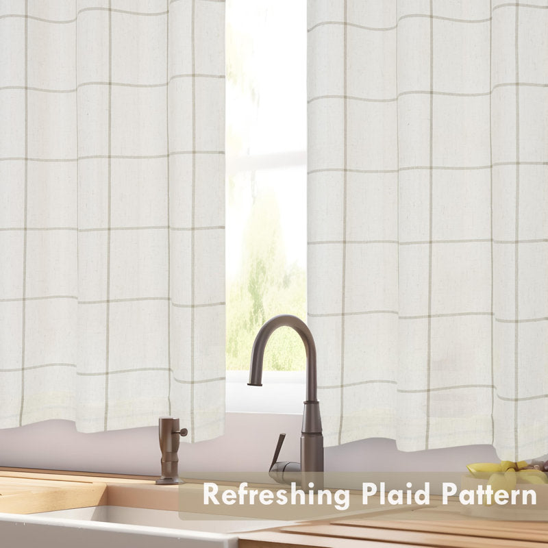 Windowpane Plaid Linen Kitchen Curtains - Set of 2 Cafe Tiers