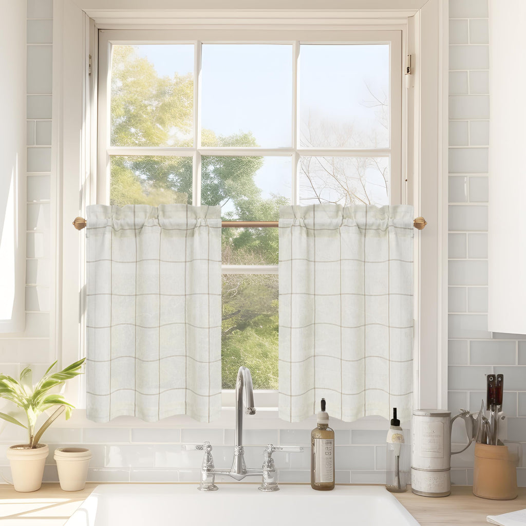 Windowpane Plaid Linen Kitchen Curtains - Set of 2 Cafe Tiers